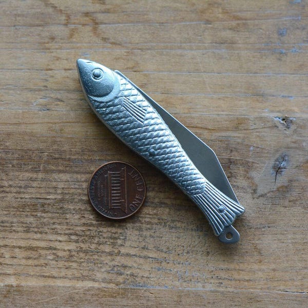 1-Miniatur Silber Fisch Tasche Messer Charme - Klappmesser scharfe Stahl Klinge & Griff Vintage Stil Charme Schmuck liefert (R001)