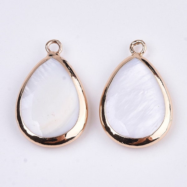 2- Natural Freshwater Shell Teardrop Pendant •  Gold Plated Trim • Minimal Shape • Jewelry Making Supplies J031