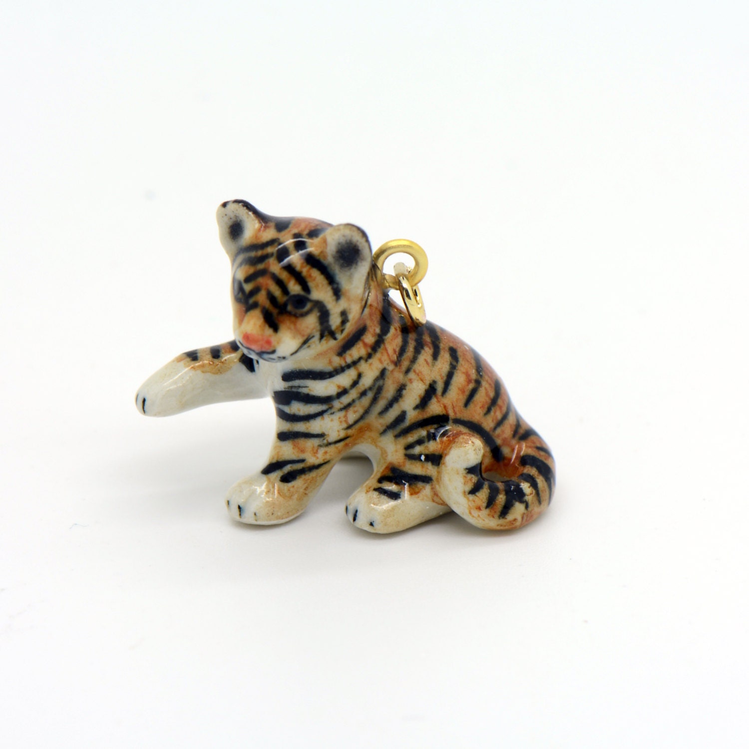 Tiny Porcelain Tiger Kitten Cat Charm Pendant Hand Painted Woodland Vintage 