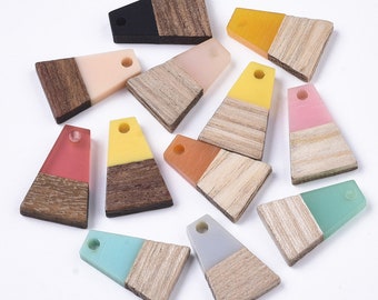 5 Small Resin & Walnut Wood Trapezoid  Pendants • Mixed colors Real Wood • Unique Pendant  Colored Resin  Earring • Jewelry Making AV009