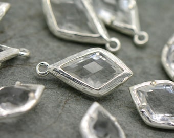 4 - Glass diamond pendant, Antique look Crystal Gemstone, Silver Dipped Rhinestone , Vintage Pendant, Glass charms