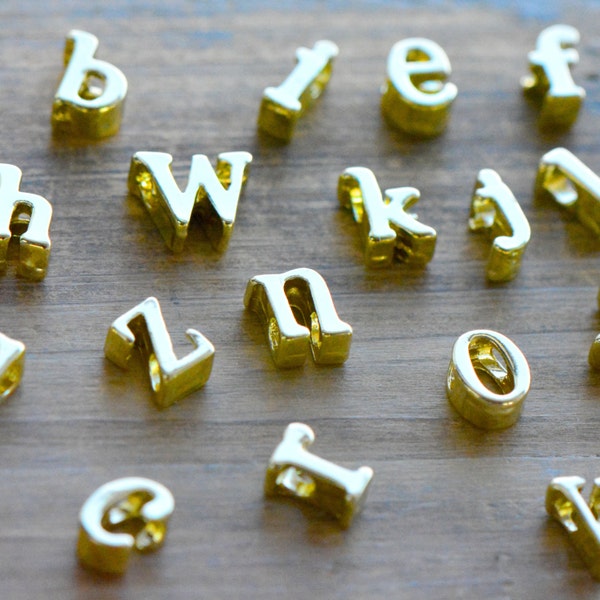 1 - Gold LOWERCASE Alphabet Charm Beads Shiny 24K Gold Plated Tiny Delicate Pretty Monogram initial letter