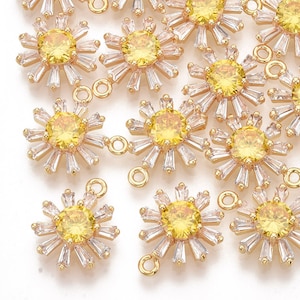 1- Zirconia Daisy Charm •White and Yellow •Cute Abstract Flowers  •Real 18K Gold Plated Brass •Micro Pave Pendant •Chrysanthemum (G042)