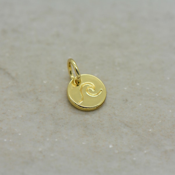1 - Wave Charm 24K GOLD or SILVER Plated 10mm Round Disc Symbol Stamped  Small Minimal Personalized Adventure Ocean Jewelry Supplies (T009)