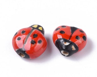 2-Handmade Porcelain Ladybug Bead • Famille Rose Style • Red ladybug insect Jewelry Making Supplies (AS081)