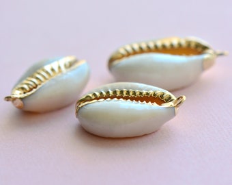 2 - REAL Large Snakehead Cowrie Shell with 24k Gold Plated Trim Pendant Sea Pendant Pearl Shell  Charm Jewelry Supplies (AN008)