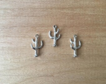 1 - 3D Small Cactus Silhouette Charm - Silver Toned Brass Layered Charm Minimal Jewelry Pendant (AS195)