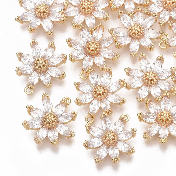 1- Zirconia Clear Gold Flower Charm  • Lovely Abstract Flowers  • 18K Real Gold Plated Brass •Micro Pave Cubic Zirconia Pendant (I060)
