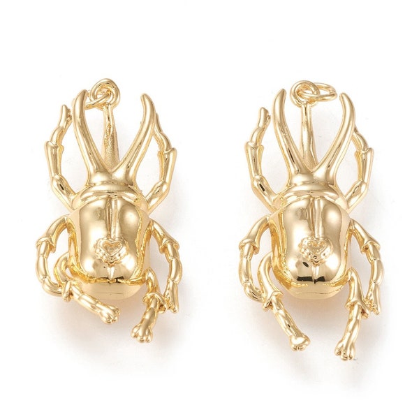 1 - Golden  Beetle Pendant • Long Lasting  Gold Plated Brass • Gold  Bug with jump ring  • Jewelry Making Supplies • bug Pendant (O017)