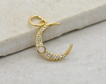 1-Moon Charm 24K Gold Plated Brass Cubic Zirconia Crystal Rhinestones with Opal Moon Charm Pendant Jewelry Making Supplies (E069)
