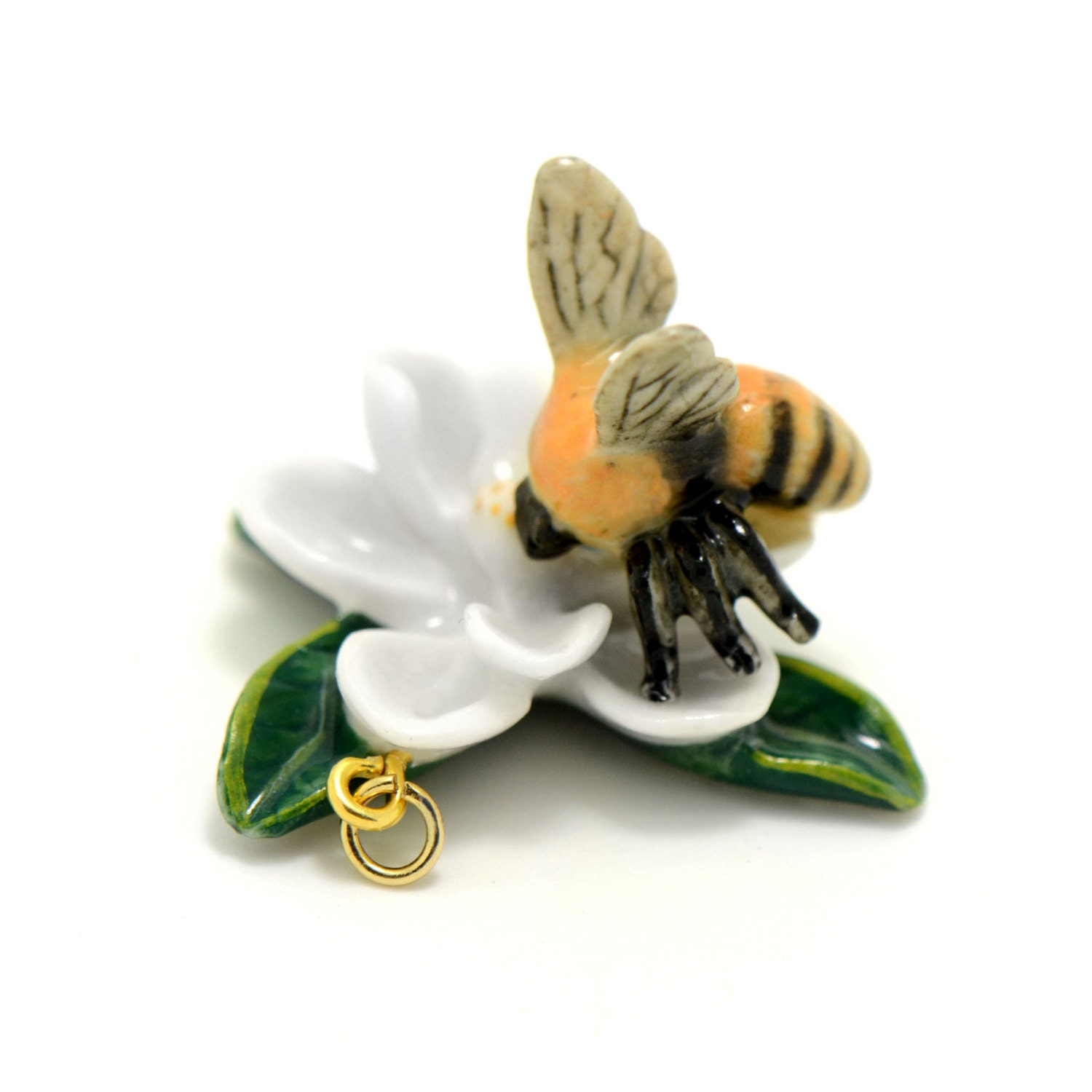 Porcelain Bumblebee on Flower Pendant • Hand Painted • Hand Made • Gi…