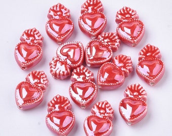 2-Handmade Porcelain Heart Bead • Bright Glazed Red Heart • Jewelry Making Supplies  • Love Bead (M032)