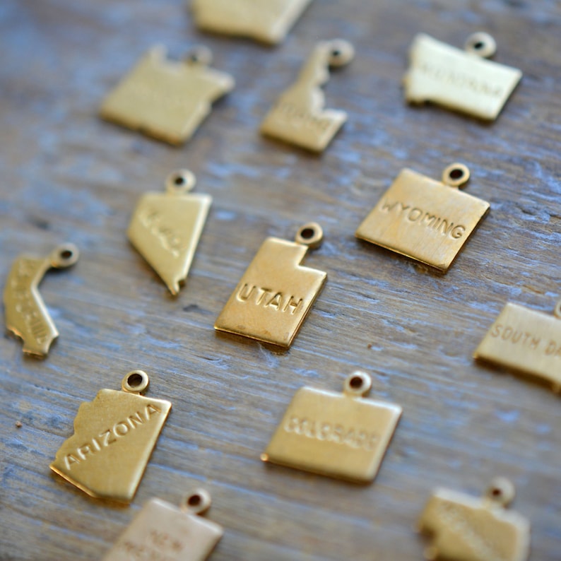 State Map Charm, PICK ANY STATE, 10mm size, Allergy Free, Made of Brass, Minimal Design image 1