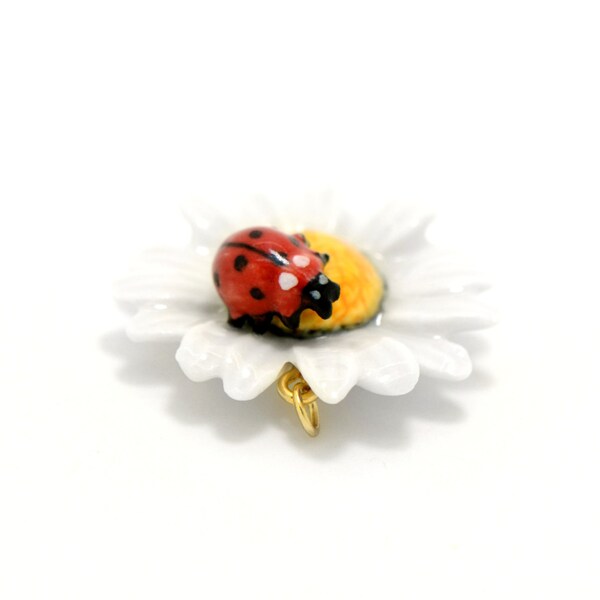 Porcelain Ladybug on Flower Pendant • Hand Painted • Hand Made • Gift For Her • Animal lover • Kids Gift • Cute Miniature Charm (CA266)
