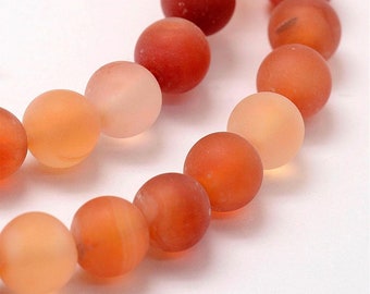 1- Frosted Natural Carnelian Beads Strands *  Round * Dyed & Heated, Red/Orange tone * Jewelry making supplies (AB37)