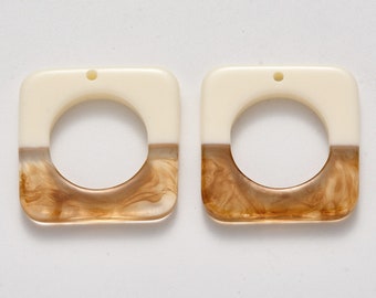 2- Two Tone Resin Pendants •Square w/ Circle • Unique Pendant Link Charm White Resin Modern Earring • Jewelry Making Round Resin (AU218)