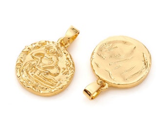 2-AQUARIUS Zodiac Sign Charm • Gold • Flat Round with Constellation/zodiac sign • Jewelry Making Supplies • (AR072)