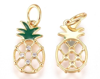 1 -Gold Zirconia Pineapple Charm • Brass Micro Pave Cubic Zirconia Pendants •Brass Layered Charm Minimal Jewelry •Clear and Green (F011)
