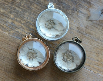 1 - Double Sided Glass Bubble Pendant with Preserved FLOWER Inside Gift For Her Vintage Jewelry Supplies (AN034)