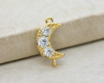 2- Moon Charm Link 24K Gold Plated Brass Cubic Zirconia Crystal Rhinestones Connector Moon Charm Pendant Jewelry Making Supplies (AT169)