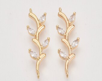 2 - Golden Leafy Branch Charms • Real 18k Gold Plated  •Jewelry Making Supplies • Brass Pendant • Brass Clear Cubic Zirconia Pendant (AS099)