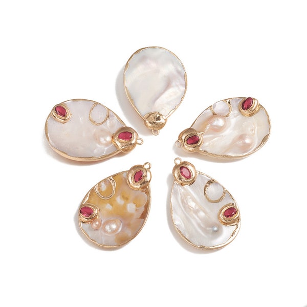 1 - Teardrop Natural Shell with Glass Cabochons • Gold Plated Brass Trim and Real Shell  Pendant • Ocean Life Pendant Charm(AT019)