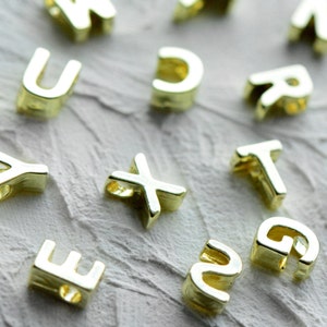 1 - Gold UPPERCASE Alphabet Charm Beads Shiny 24K Gold Plated Tiny Delicate Pretty Monogram initial letter (F0--)