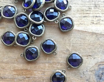 4 Antique Bronze Glass Bezel, 4 Square Shape Rhinestone, Purple Velvet Drop Gem, Minimalist Charm, Geometry style Gems, (AW023)