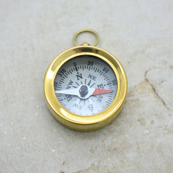 1 - Mini Compass Pendant Charm Shiny Gold Brass with White Face REALLY WORKS  Brass Compass Charm Vintage Style Jewelry Supplies (BA076)