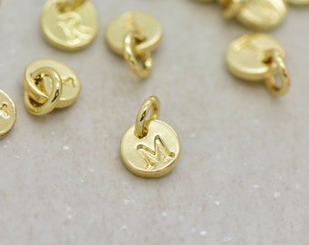 Stamped Monogram Charm, PICK ANY LETTER A-Z, 6mm Diameter, Gold Finish Allergy Free, Made of Brass, Minimal Design