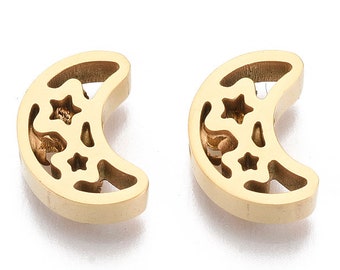 2-Moon W/ Star Charm • Gold • Stainless Steel • Jewelry Making Supplies • Simple Geometric Charm Shapes •Flat Bead Bracelet Sky Gift (AV017)