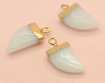 1 - REAL White Jade Milky Jade Tooth Charm 24K GOLD Plated • Gemstone Bead Arrowhead Charm Tusk teeth Beads Jewelry Making Supplies (AC01)