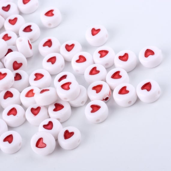 20 Heart Beads Flat Round Opaque Acrylic Bead With RED Heart Craft Creating  Vintage Jewelry Making Supplies Friendship AS193 