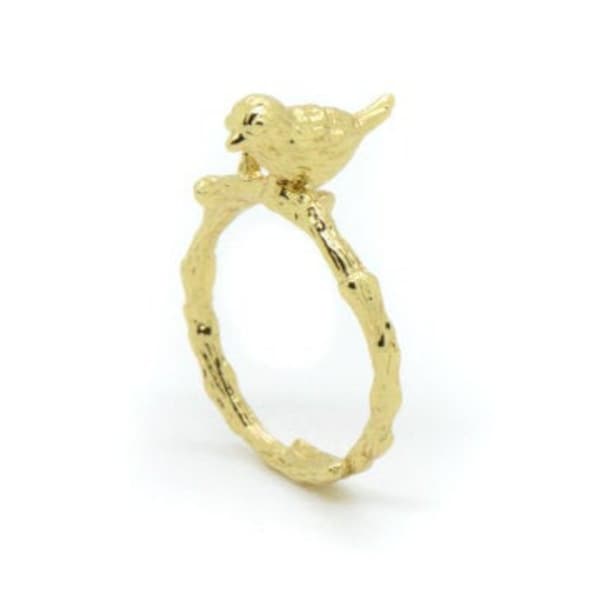 Darling Bird Ring in Gold Plating •Bird Perched on Branch •Adjustable (AW010)