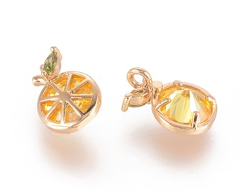 2 - Small Lemon Diamond Charm, Micro Pave Connector, Tropical fruit Cubic Zirconia Charm, Shiny Gold Filled Fruit Pendant Jewelry Charm M002