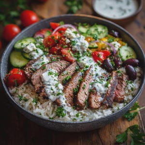 Może przedstawiać: Zbliżenie na miskę inspirowaną kuchnią grecką, wypełnioną białym ryżem, plastrami steku, pomidorami, og&oacute;rkami, oliwkami i serem feta. Danie polane jest kremowym białym sosem i posypane świeżymi ziołami.