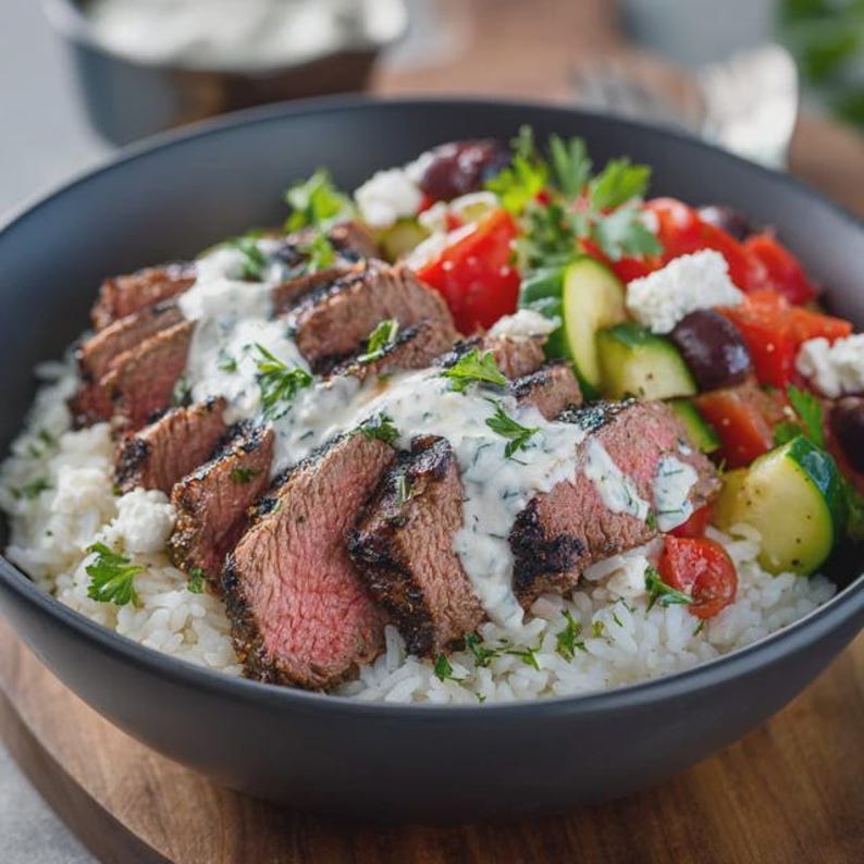 Może przedstawiać: Czarna miska wypełniona greckim posiłkiem. Pokrojony grillowany stek leży na białym ryżu, polany kremowym sosem i posypany świeżą pietruszką. Miska zawiera r&oacute;wnież pomidory, og&oacute;rki, oliwki i ser feta.