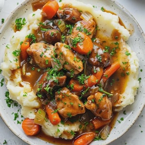 May include: A plate of chicken and vegetables served over mashed potatoes. The chicken is a golden brown color, and the vegetables include carrots, onions, and mushrooms. Fresh parsley is sprinkled on top. The dish is covered in a rich brown gravy.