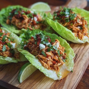 Op de afbeelding: Sla wraps gevuld met gescheurde kip, gegarneerd met rode saus, koriander en witte kaas. Een limoenpartje ligt op de houten serveerplank. De wraps zijn gerangschikt voor presentatie.