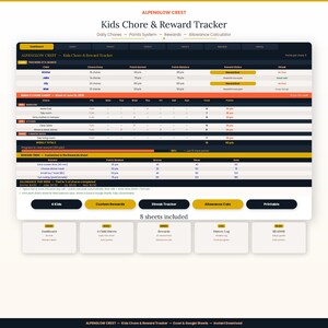 May include: A digital chore and reward tracker with a dark background and white text. The tracker includes sections for daily chores, points, rewards, and an allowance calculator. The image also shows buttons for 4 kids, custom rewards, and a printable version.