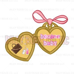May include: A gold heart-shaped locket with a pink bow at the top. The locket is open, revealing a handbag, necklace, and makeup. The text "boujee baby" is written in pink letters on the front of the locket.