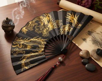 Golden Dragon Folding Fan | Black Fabric Hand Fan with Tassel | Asian Decor Dance Prop