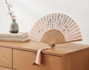 Cherry Blossom Butterfly | Pink Folding Hand Fan | Japanese Wood Fan with Tassel