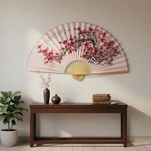 Leque de parede com flor de cerejeira | Decoração de arte floral oriental | Leque dobrável japonês grande