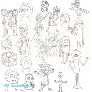 May include: Line art illustration featuring various characters from the animated series, "Rick and Morty." The image includes multiple depictions of Rick, Morty, and other recurring characters, all rendered in black outlines on a white background.