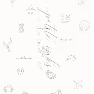 May include: A collection of delicate line art illustrations featuring beach and summer themes. Includes a turtle, octopus, bikini, pineapple, mermaid tail, flip-flops, crab, palm trees, starfish, lemon slice, watermelon, and a stingray. Text includes "ocean eyes", "c'est la vie", "petite inks", and "sun kissed".