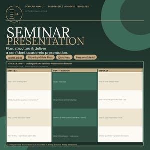 Op de afbeelding: Een groene en beige sjabloon voor een seminarpresentatie met de titel "Seminar Presentatie". Het sjabloon bevat secties voor planning, structuur en presentatie, met opties voor Word, dia-indelingen, Q&A en verantwoordelijke AI. Ontworpen voor academische presentaties.