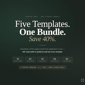 May include: Dark green graphic with white text that reads "Five Templates. One Bundle. Save 40%." Below, it says "Everything a PhD student needs..." and lists five template types. The image promotes a PhD student bundle.