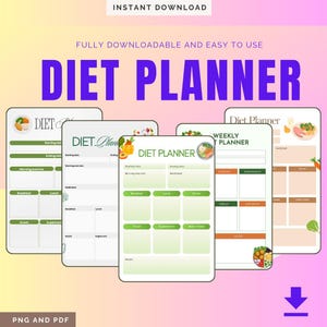 Puede incluir: Un planificador de dieta digital con un título púrpura y varias páginas. Las páginas son blancas con acentos verdes y naranjas, e incluyen secciones para la planificación de comidas, ejercicio y notas. El texto "DIET PLANNER" es visible.