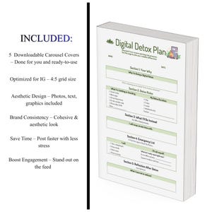 May include: A digital detox plan with a white cover and green accents. The plan includes sections for setting goals, rules, and an emergency list. Text on the left side lists features like downloadable covers and aesthetic design.